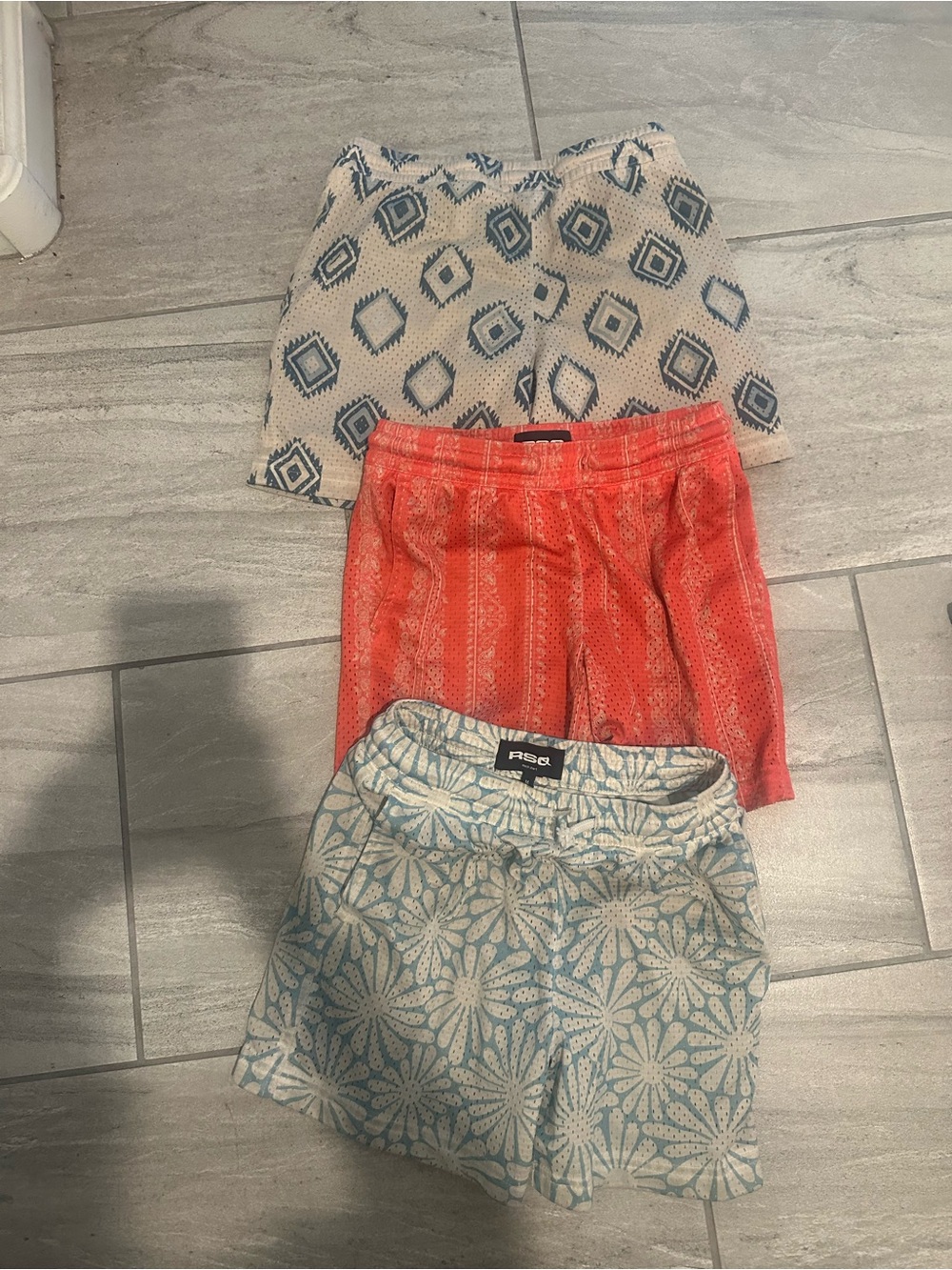 RSQ Kids Shorts Trio in Coral, Light Blue, and Ivory with Navy Print